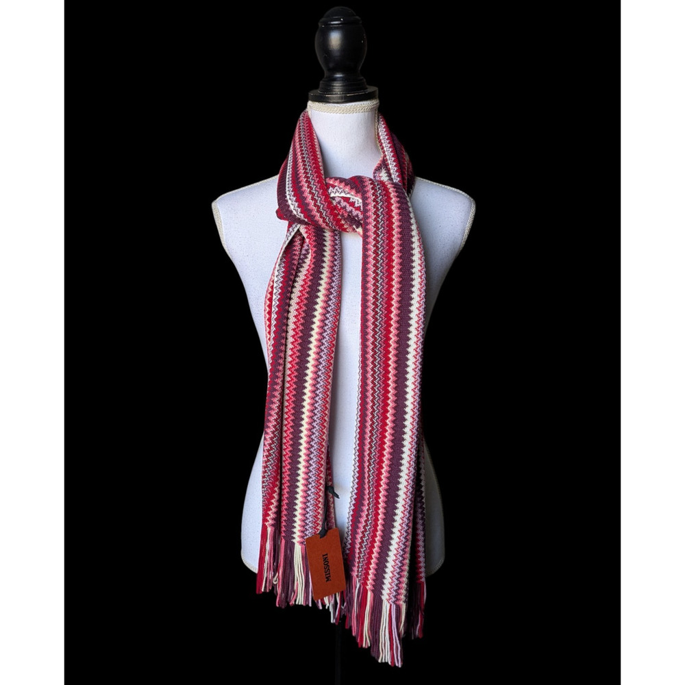 Missoni Pink Purple Red Knit Zig Zag Wool Blend Scarf New Luxury Designer Fringe